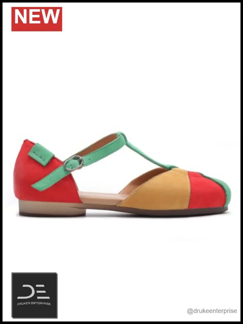 Women's Leather Low Heel Flat Sandals Adjustable T-Strap Closed Toe Summer